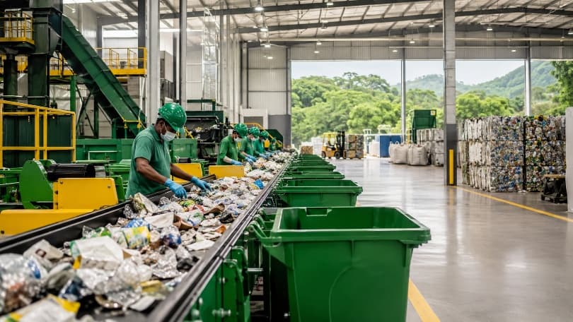 Equipe trabalhando em uma unidade de triagem e valorização de resíduos